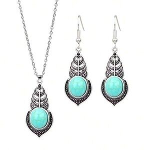 Southwest Style Western Antique Silver Turquoise Necklace And Earrings Set